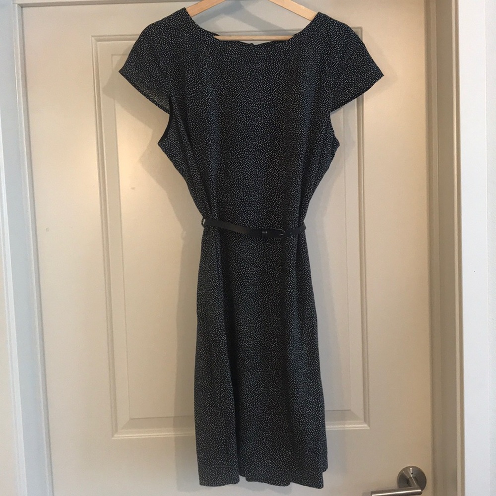 Black dress with white dots and waist belt